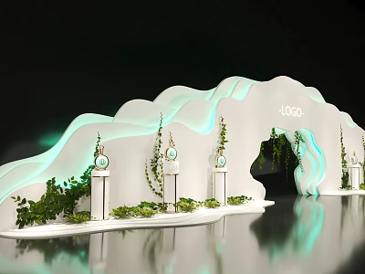 White Wave Shaped Decorative Structure With Green Plants White Pillars And Logo 3d model