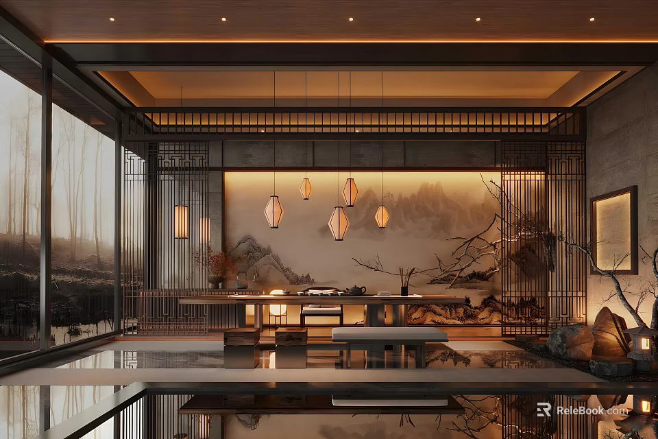 Modern Chinese Tea Room Interior Design With Pendant Lights Landscape Painting And Wooden Furniture 3d model 