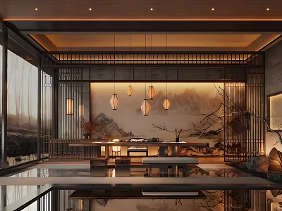 Modern Chinese Tea Room Interior Design With Pendant Lights Landscape Painting And Wooden Furniture 3d model