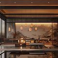 Modern Chinese Tea Room Interior Design With Pendant Lights Landscape Painting And Wooden Furniture