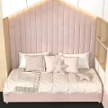 Warm Children's Bed Design With Wooden Frame Pink Upholstery And Storage Shelves