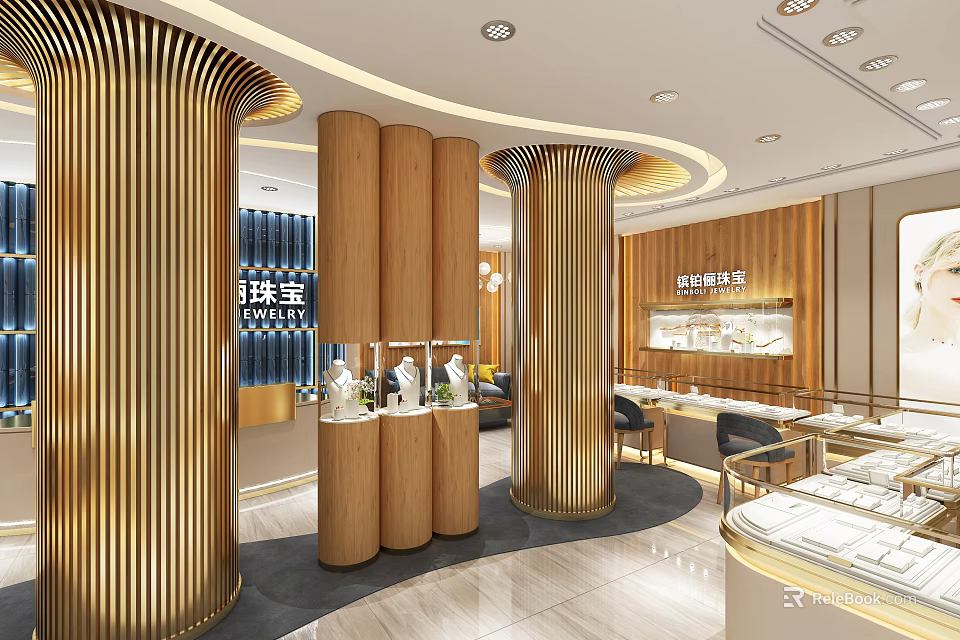 Elegant Jewelry Store Interior With Gold Decorative Columns And Glass Display Cases 3d model 