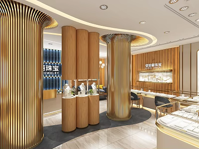 Elegant Jewelry Store Interior With Gold Decorative Columns And Glass Display Cases 3d model