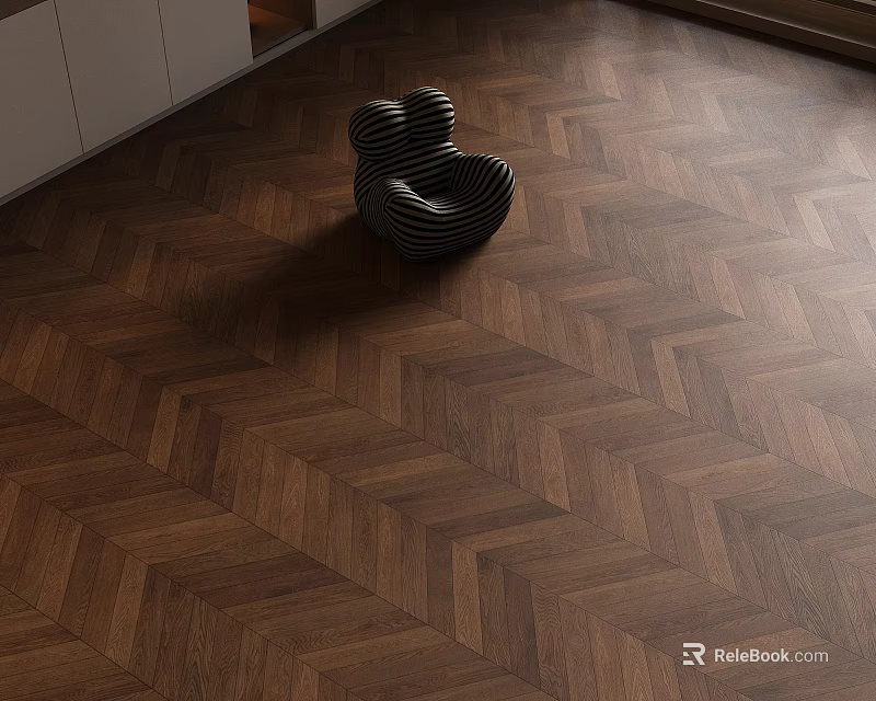 Herringbone Wooden Flooring In Cozy Living Space With Unique Chair 3d model 