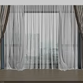 Gray Blackout Curtains and White Sheer Drapes with City View Green Plant and Wooden Floor in Modern Room
