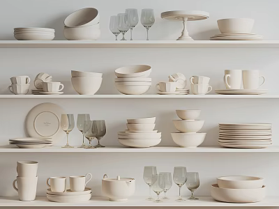 White Dinnerware Set With Bowls Plates Cups Wine Glasses Trays Neatly Arranged On White Shelves 3d model