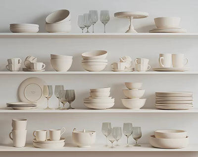 White Dinnerware Set With Bowls Plates Cups Wine Glasses Trays Neatly Arranged On White Shelves 3d model