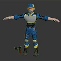 3D Character In Blue Yellow Outfit With Protective Gear Cap Gun And Outstretched Arms
