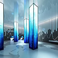 Modern Tech Space With Blue Glowing Pillars Data Charts And World Map Floor 3d model
