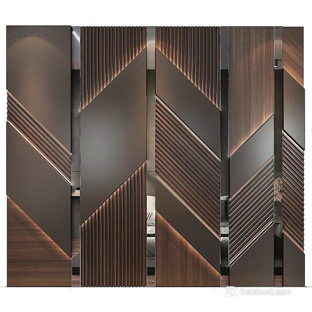 Elegant Modern Background Wall Design With Wooden Panels And Metal Accents 3d model 