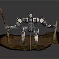 White Mechanical Robot Standing On Dirt Ground With Wooden Sticks And Small Plants