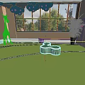 Kindergarten Interior Featuring Cloud Ceiling Lights Large Windows Giraffe Toy Green Bench And Children 3d model