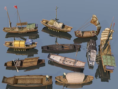 Different Types of Traditional Wooden Boats With Sails and Structures Floating on Water 3d model