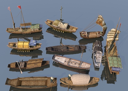 Chinese-style wooden boat wooden boat combination 3d model