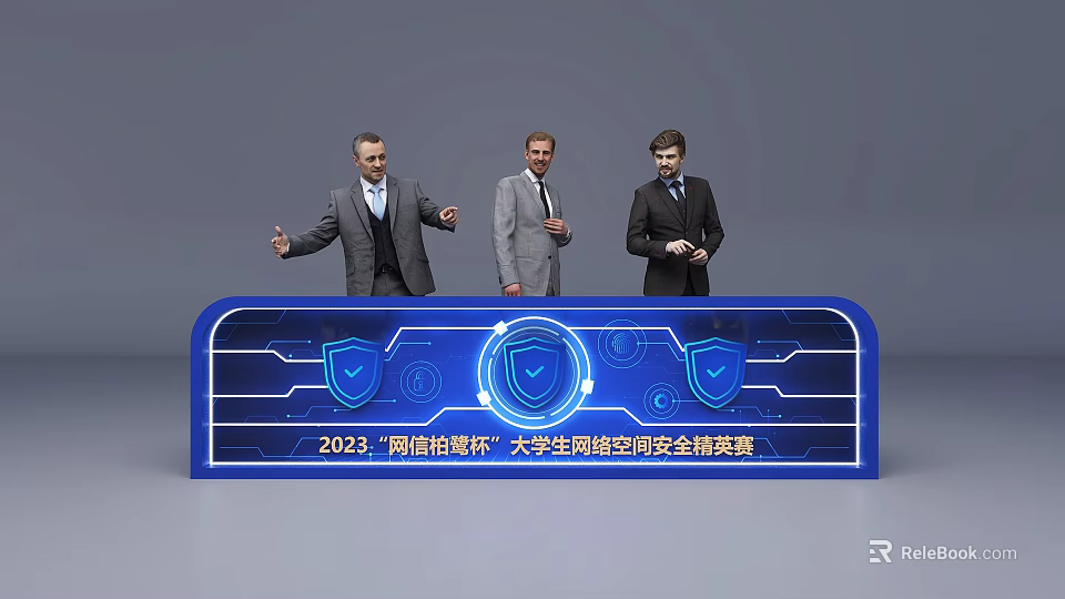 Modern Blue Reception Desk for 2023 Cybersecurity Competition with College Students and Shield Design 3d model 