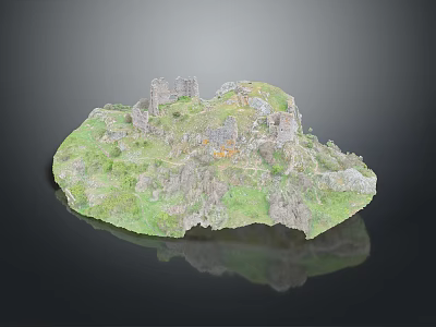 Detailed Miniature Terrain Model Featuring Castle Ruins Green Grass And Stone Structures 3d model