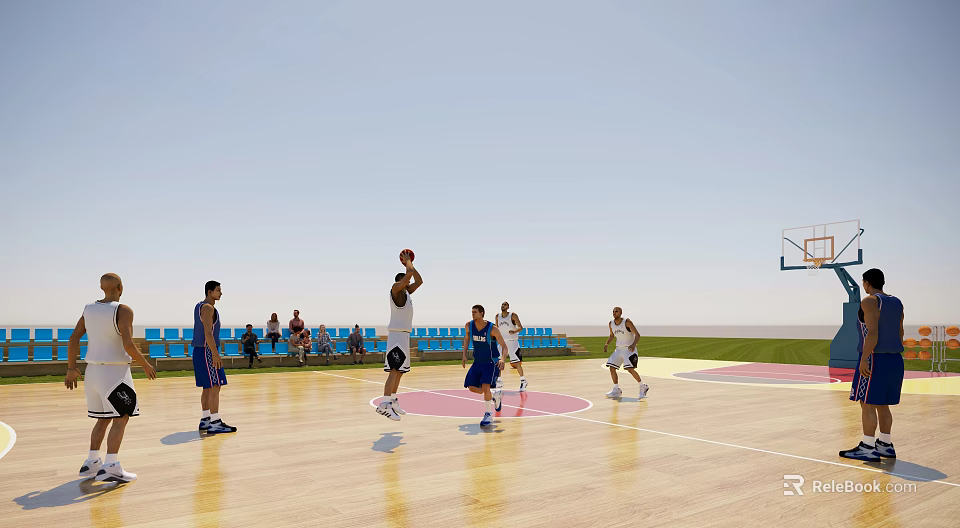 Basketball Gym With Wooden Floor Court Players Playing Basketball Game And Spectators In Blue Seating 3d model 