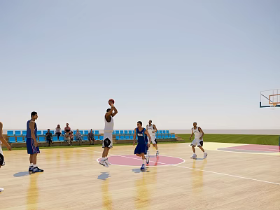 Basketball Gym With Wooden Floor Court Players Playing Basketball Game And Spectators In Blue Seating 3d model