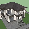 Modern Luxury Detached Villa Exterior With Large Windows Front Porch Lawn And Flower Beds