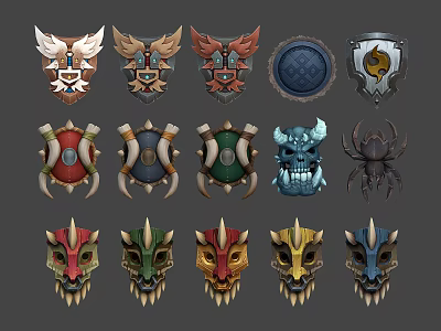Fantasy Themed Decorative Badges And Masks With Intricate Designs And Colors 3d model