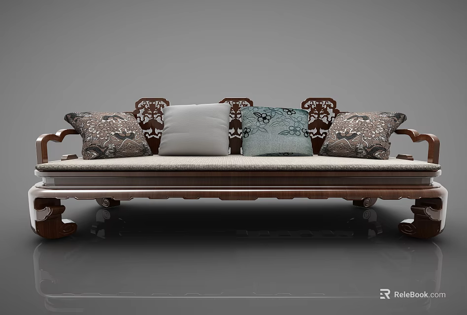 Traditional Multi Person Sofa With Carved Wooden Frame And Decorative Floral Pillows 3d model 
