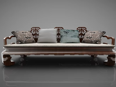 Traditional Multi Person Sofa With Carved Wooden Frame And Decorative Floral Pillows 3d model