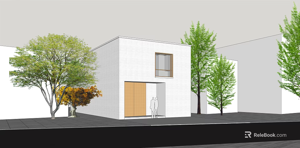 Modern White Detached Villa Exterior With Wooden Door And Green Trees Around Front 3d model 