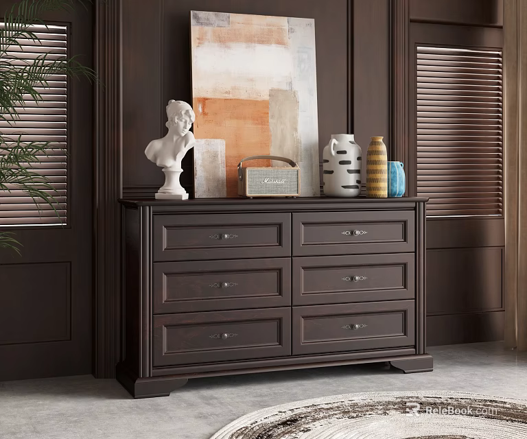 Dark Brown Wooden Chest of Drawers with Decorative Statue and Artwork in Modern Interior 3d model 