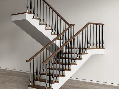 Modern Interior Staircase With Wooden Handrail Black Balusters And White Steps 3d model