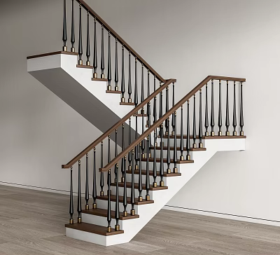 Modern Interior Staircase With Wooden Handrail Black Balusters And White Steps 3d model