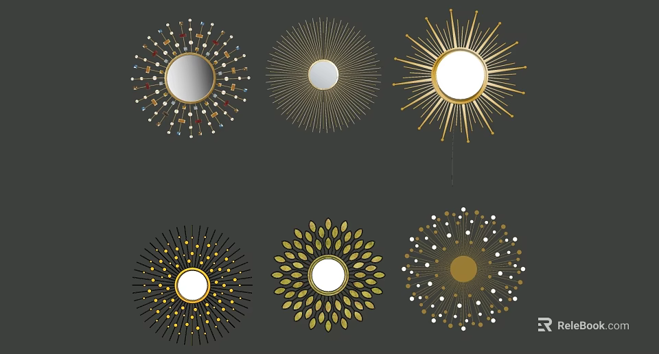 Various Decorative Mirrors With Sunburst Patterns And Ornate Frames For Home Decor 3d model 