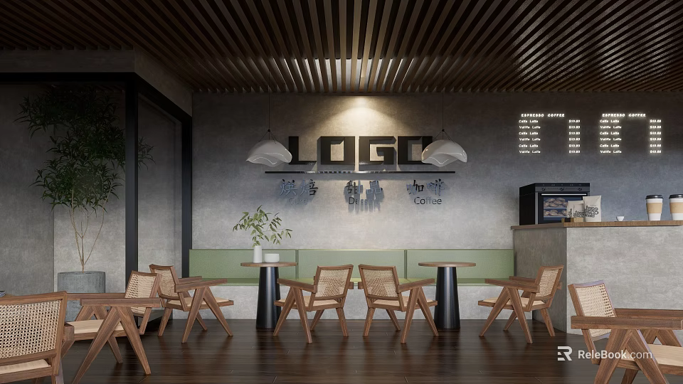 Modern Cafe Interior With Wooden Tables Green Plants Pendant Lights And Bar Counter 3d model 
