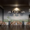 Modern Cafe Interior With Wooden Tables Green Plants Pendant Lights And Bar Counter