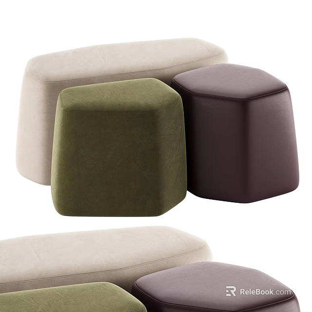 Modern Upholstered Stools in Beige Green and Dark Purple with Square and Oval Shapes 3d model 