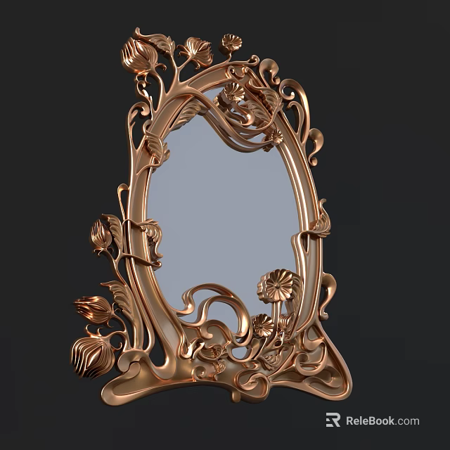 Ornate Bronze Decorative Mirror With Intricate Floral Scroll Patterns And Carved Frame 3d model 
