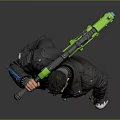 Tattooed Cyberpunk Game Character Wearing Black Leather Jacket With Large Gun And Green Blue Accents
