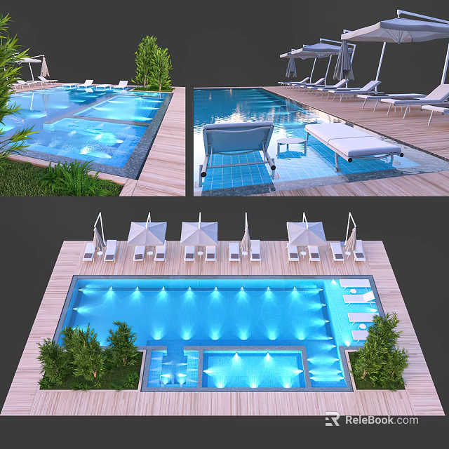 Luxury Swimming Pool Area With Lounge Chairs Sun Umbrellas Greenery Wooden Deck And Blue Lighting 3d model 