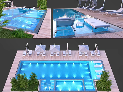 Luxury Swimming Pool Area With Lounge Chairs Sun Umbrellas Greenery Wooden Deck And Blue Lighting 3d model