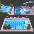 Luxury Swimming Pool Area With Lounge Chairs Sun Umbrellas Greenery Wooden Deck And Blue Lighting