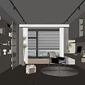 Modern Study Room With Desk Chair Window Blinds Bookshelves Potted Plant And Round Rug
