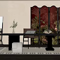 Stylish Interior Design With Decorative Tropical Print Screen Wooden Table And Potted Plant