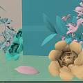 Pastel Colored Floral Display With Light Blue Pink Yellow Flowers Green Leaves And Geometric Background