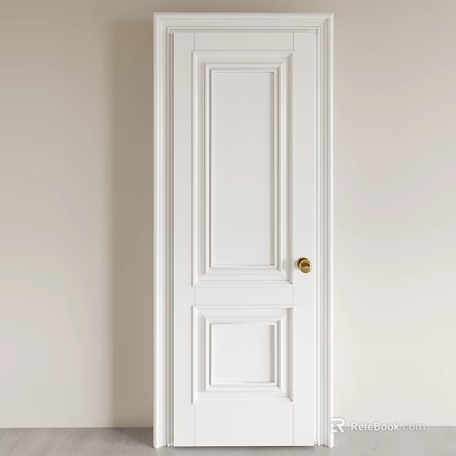 White Interior Hinged Door With Classic Panel Design And Golden Handle For Home Decoration 3d model 
