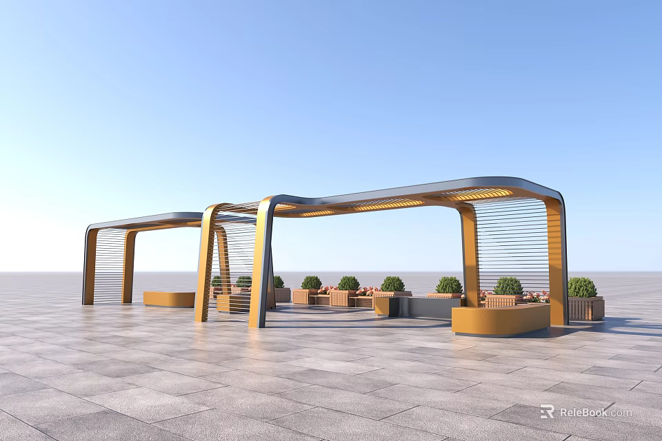 Modern Arched Top Pergola With Golden Metal Frame Potted Plants And Stone Floor 3d model 