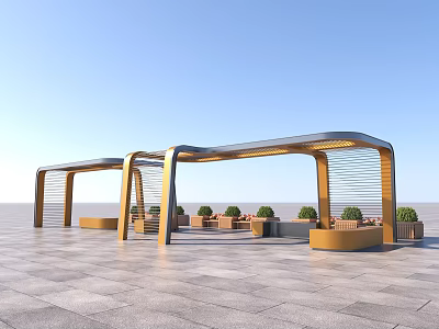 Modern Arched Top Pergola With Golden Metal Frame Potted Plants And Stone Floor 3d model