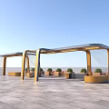 Modern Arched Top Pergola With Golden Metal Frame Potted Plants And Stone Floor