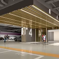 Modern Indoor Parking Garage With Number 4 Entrance Cars Bright Lighting And Pedestrians