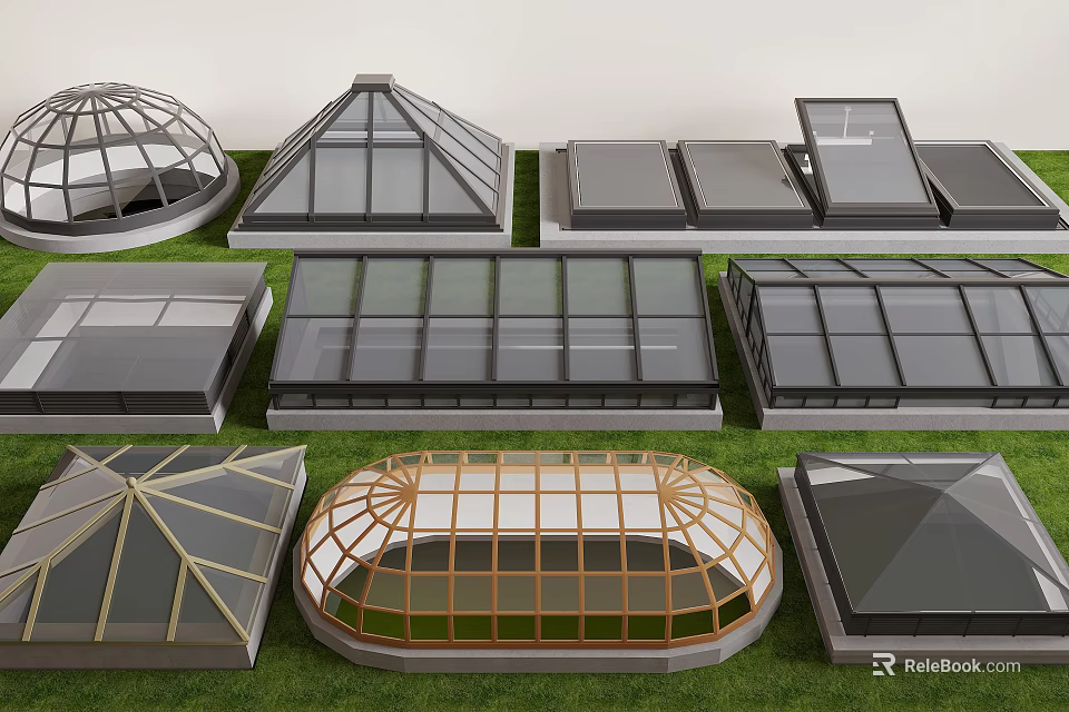 Different Types of Skylight Designs With Various Shapes and Glass Materials Displayed on Grass 3d model 