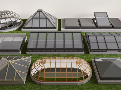 Different Types of Skylight Designs With Various Shapes and Glass Materials Displayed on Grass 3d model