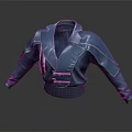 Blue Leather Jacket With Shoulder Straps Buckle Details Ribbed Waistband Modern Design